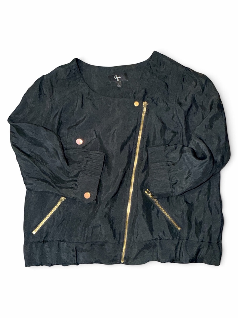 Aqua Size 6 Black Crinkle Satin Moto Jacket Gold Zip Cropped Open Front